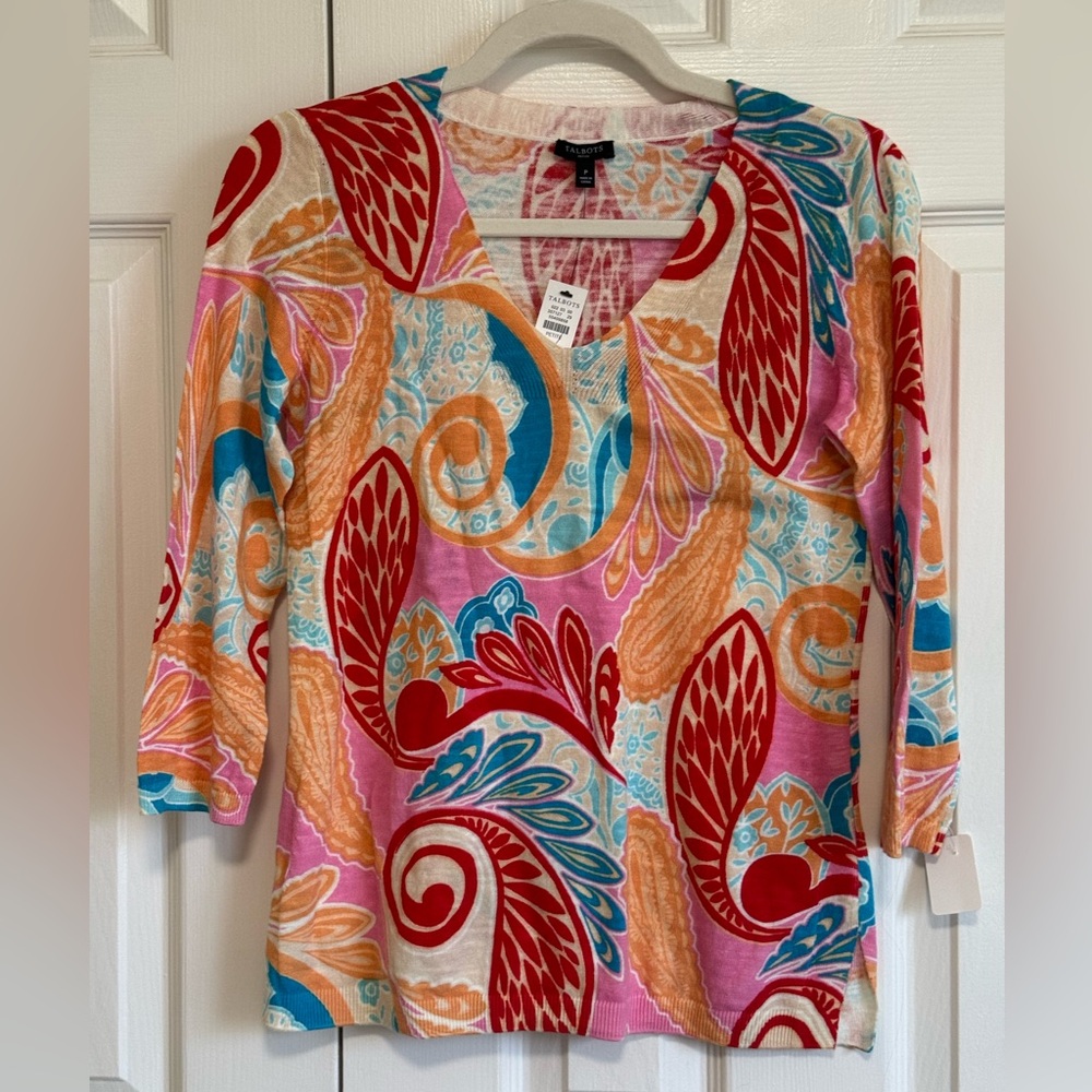 NWT- Talbots Multicolor Paisley cotton knit, Long Sleeve sweater. SP